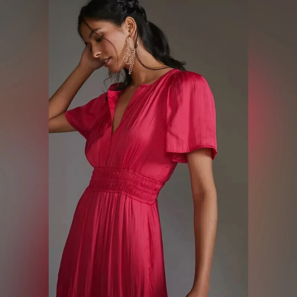NWT Anthropologie Somerset Maxi Bright Pink Satiny Dress Sz M Pockets Flattering - Picture 9 of 14